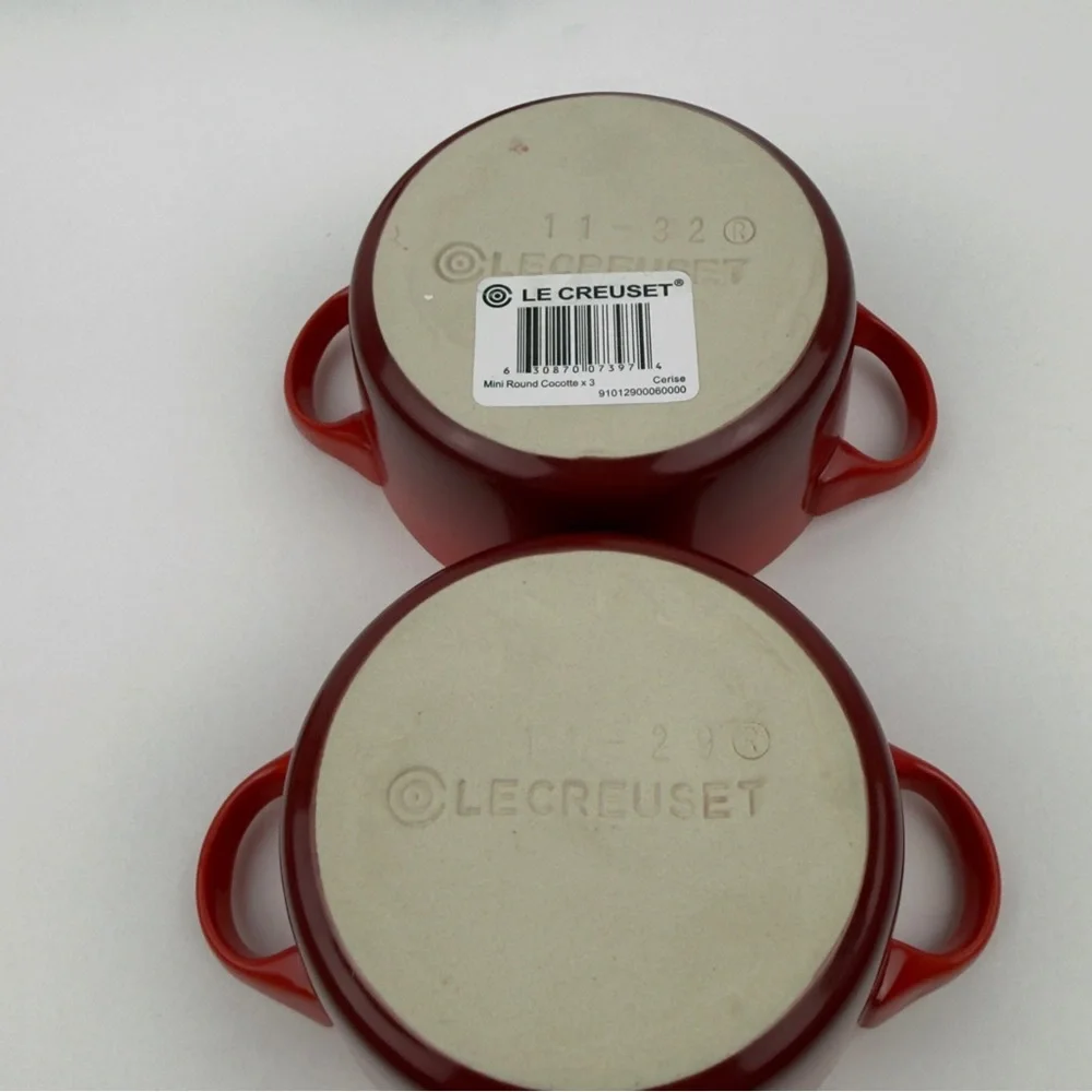 Le Creuset Cerise Red 8 oz Mini Round Cocotte Stoneware Set of 2 New